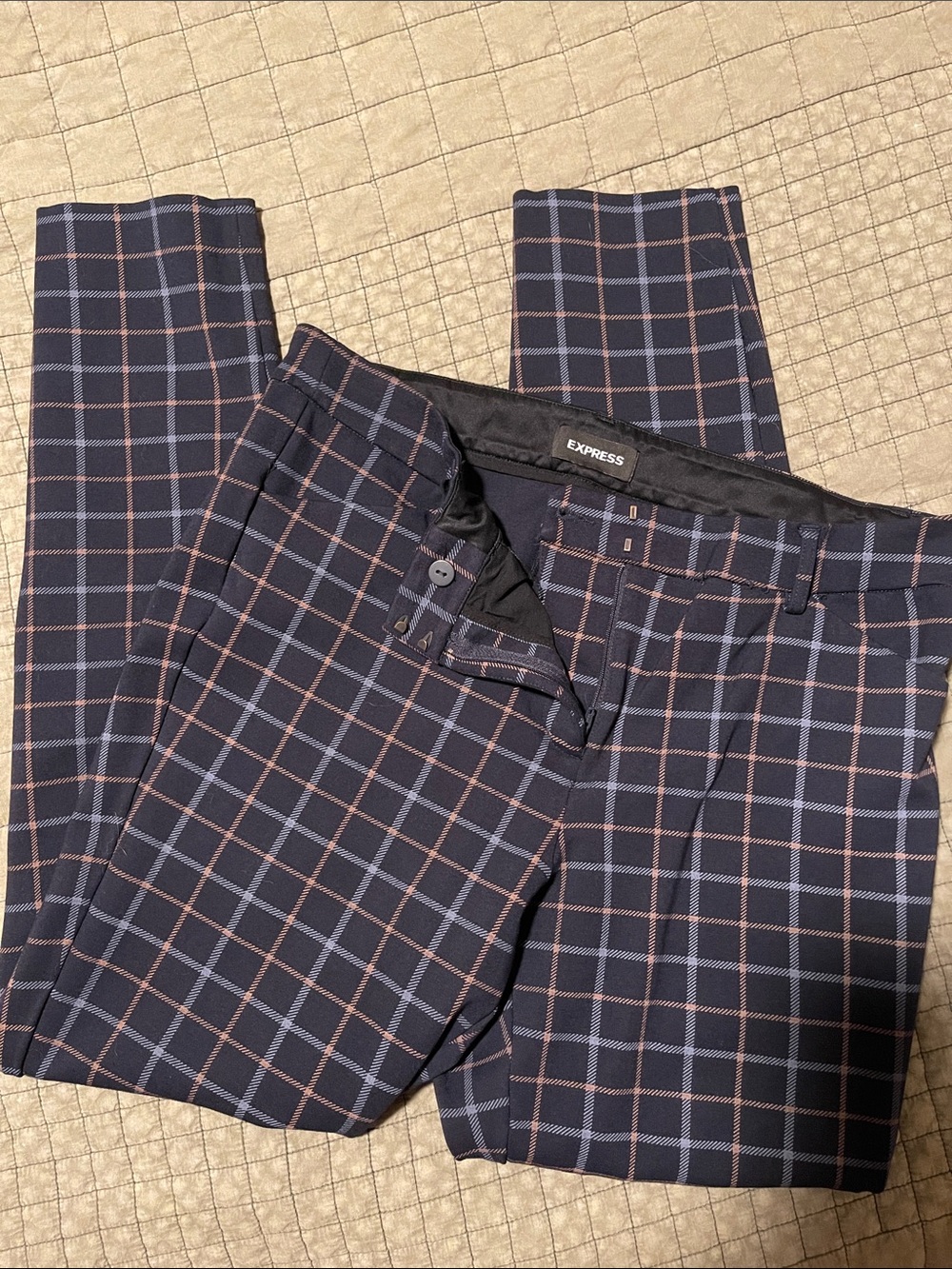 Express Navy Plaid Dress Pants with Light Blue and Brown Windowpane